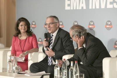 Yasmine Bahri Domon, Guy Mettan et Nicolas Imboden, au 9ème forum EMA Invest à Genève, le 3 octobre 2013